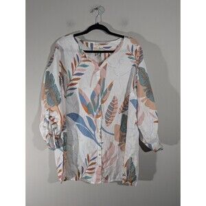 Cynthia Rowley Linen Top Women Plus 1X White Floral Roll Tab Sleeves Tunic